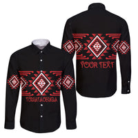Aotearoa Atua Tumatauenga Personalised Family Matching Off Shoulder Short Dress and Hawaiian Shirt Maori God Of War Taniko Motifs LT14 Dad's Shirt - Long Sleeve Red - Polynesian Pride