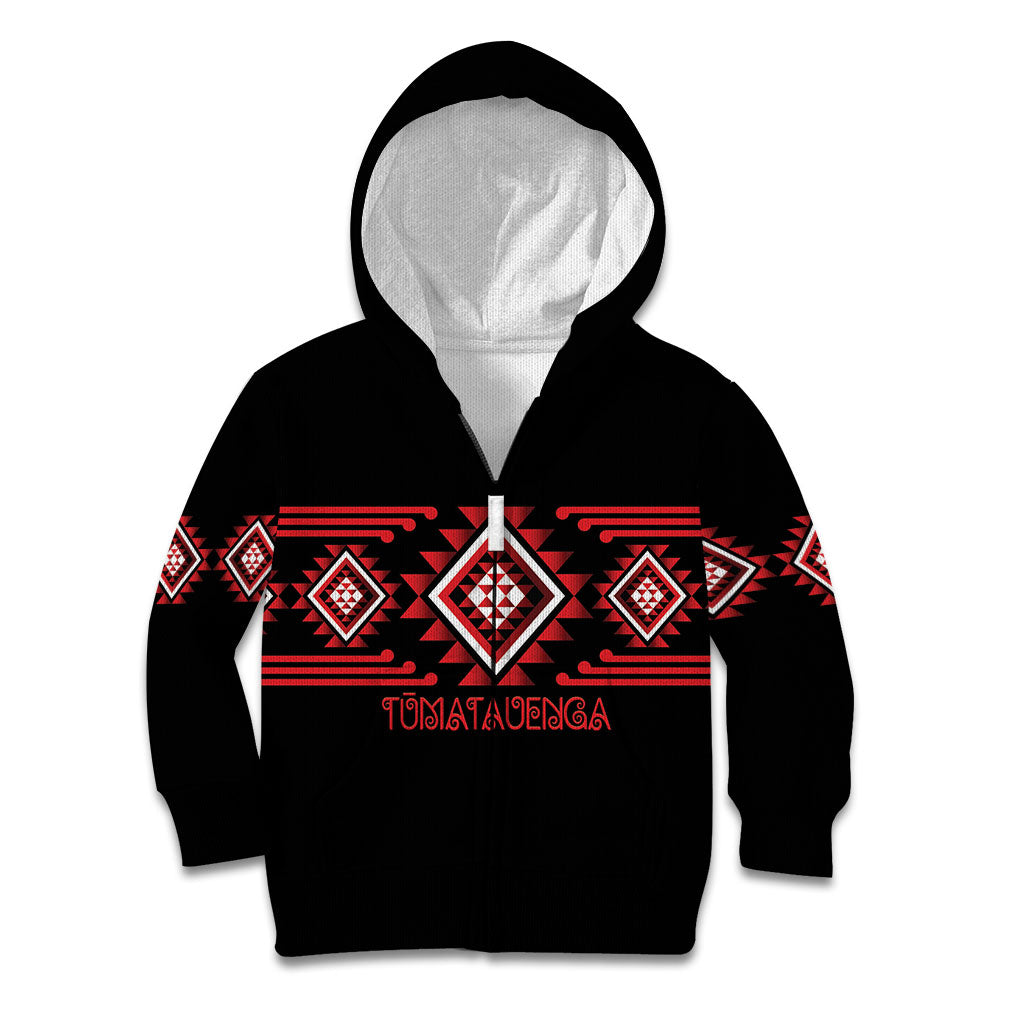 Aotearoa Atua Tumatauenga Personalised Kid Hoodie Maori God Of War Taniko Motifs LT14 Zip Hoodie Red - Polynesian Pride