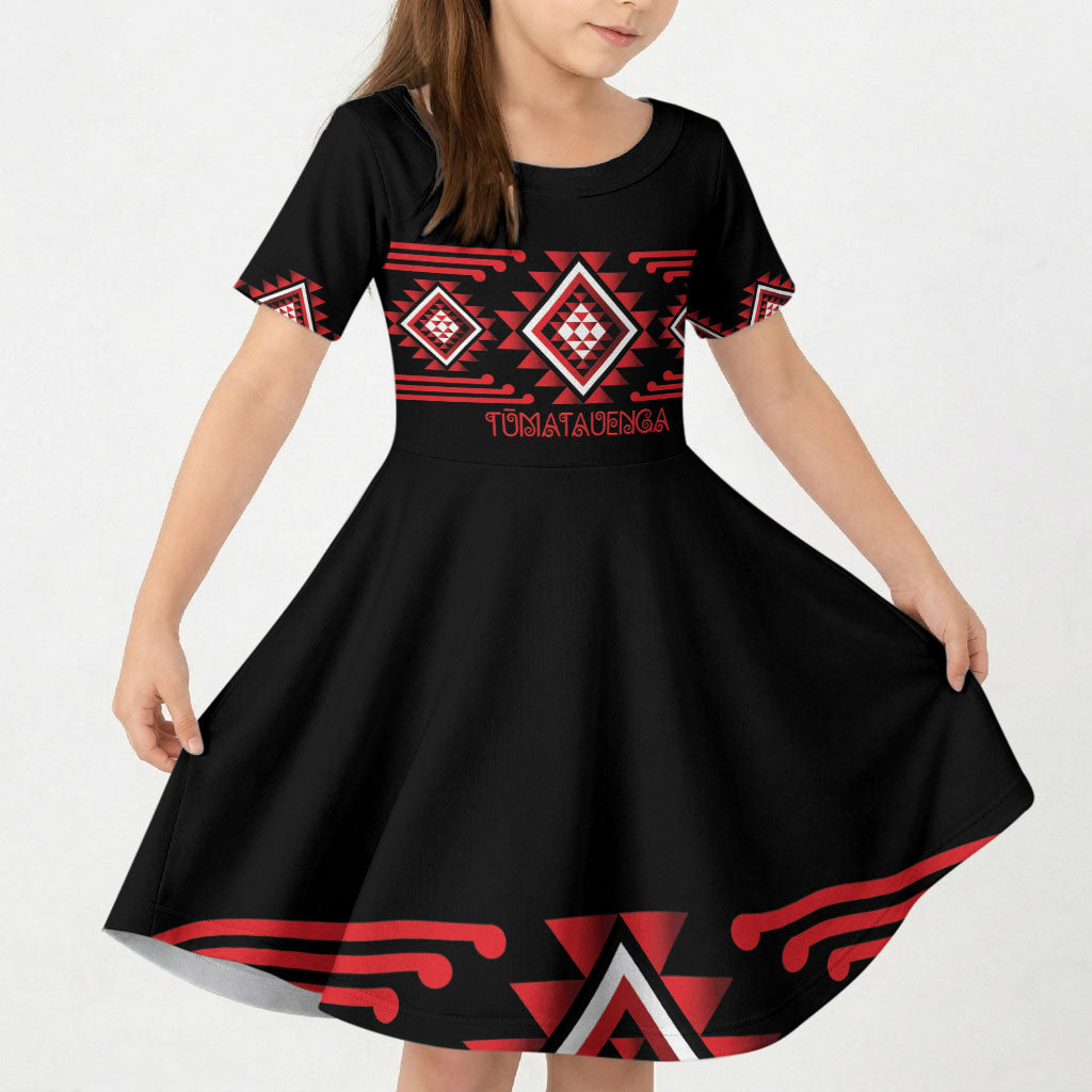 Aotearoa Atua Tumatauenga Personalised Kid Short Sleeve Dress Maori God Of War Taniko Motifs LT14 KID Red - Polynesian Pride