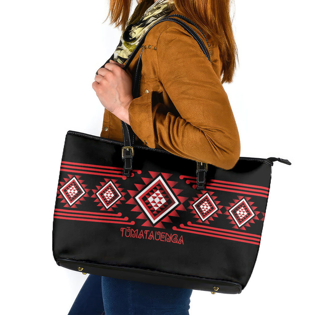 Aotearoa Atua Tumatauenga Leather Tote Bag Maori God Of War Taniko Motifs LT14 Red - Polynesian Pride