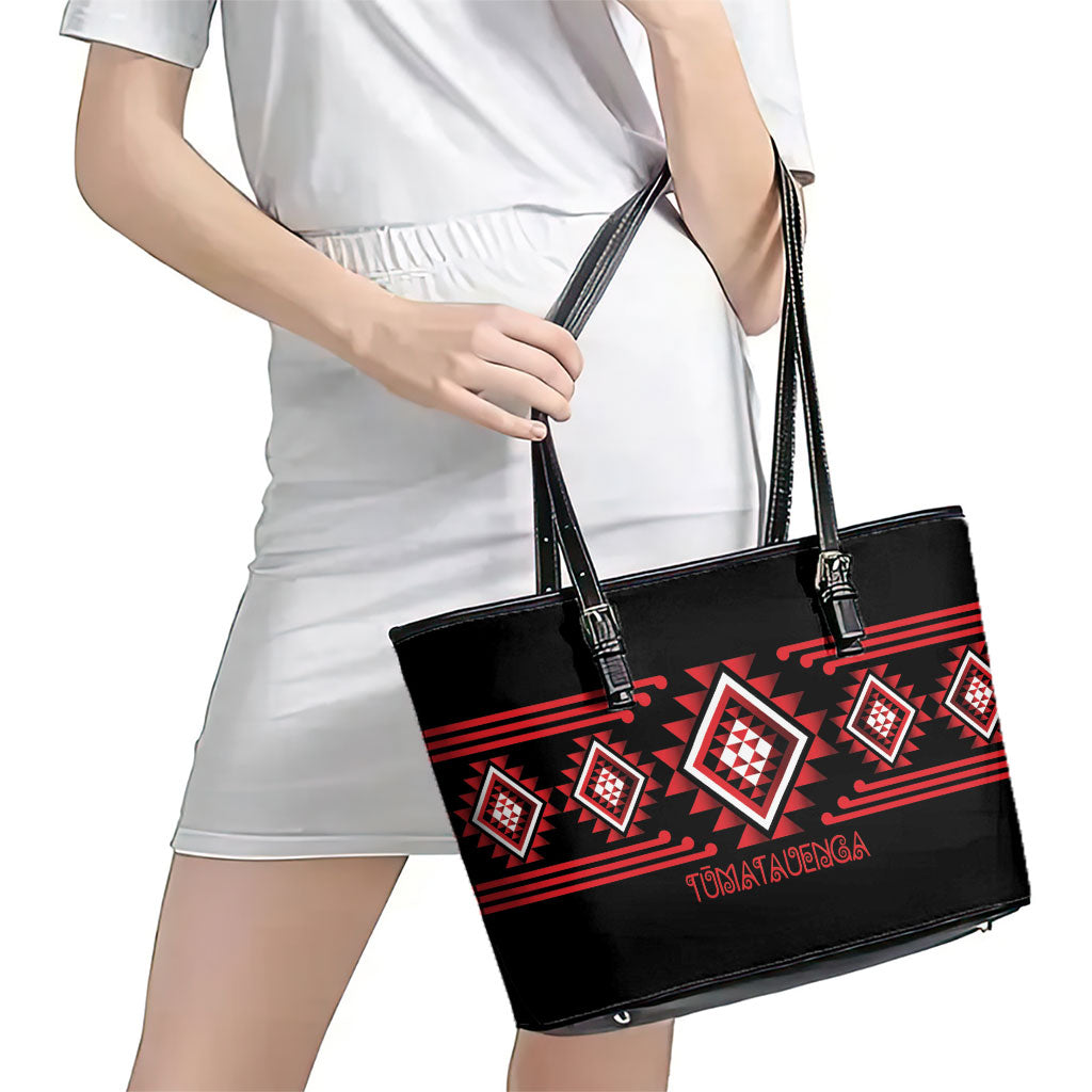 Aotearoa Atua Tumatauenga Leather Tote Bag Maori God Of War Taniko Motifs LT14 - Polynesian Pride