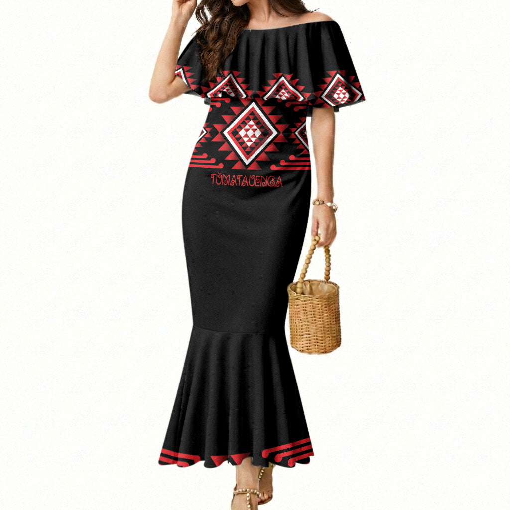 Aotearoa Atua Tumatauenga Personalised Mermaid Dress Maori God Of War Taniko Motifs LT14 Women Red - Polynesian Pride