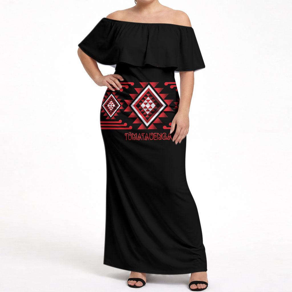Aotearoa Atua Tumatauenga Personalised Off Shoulder Maxi Dress Maori God Of War Taniko Motifs LT14 Women Red - Polynesian Pride