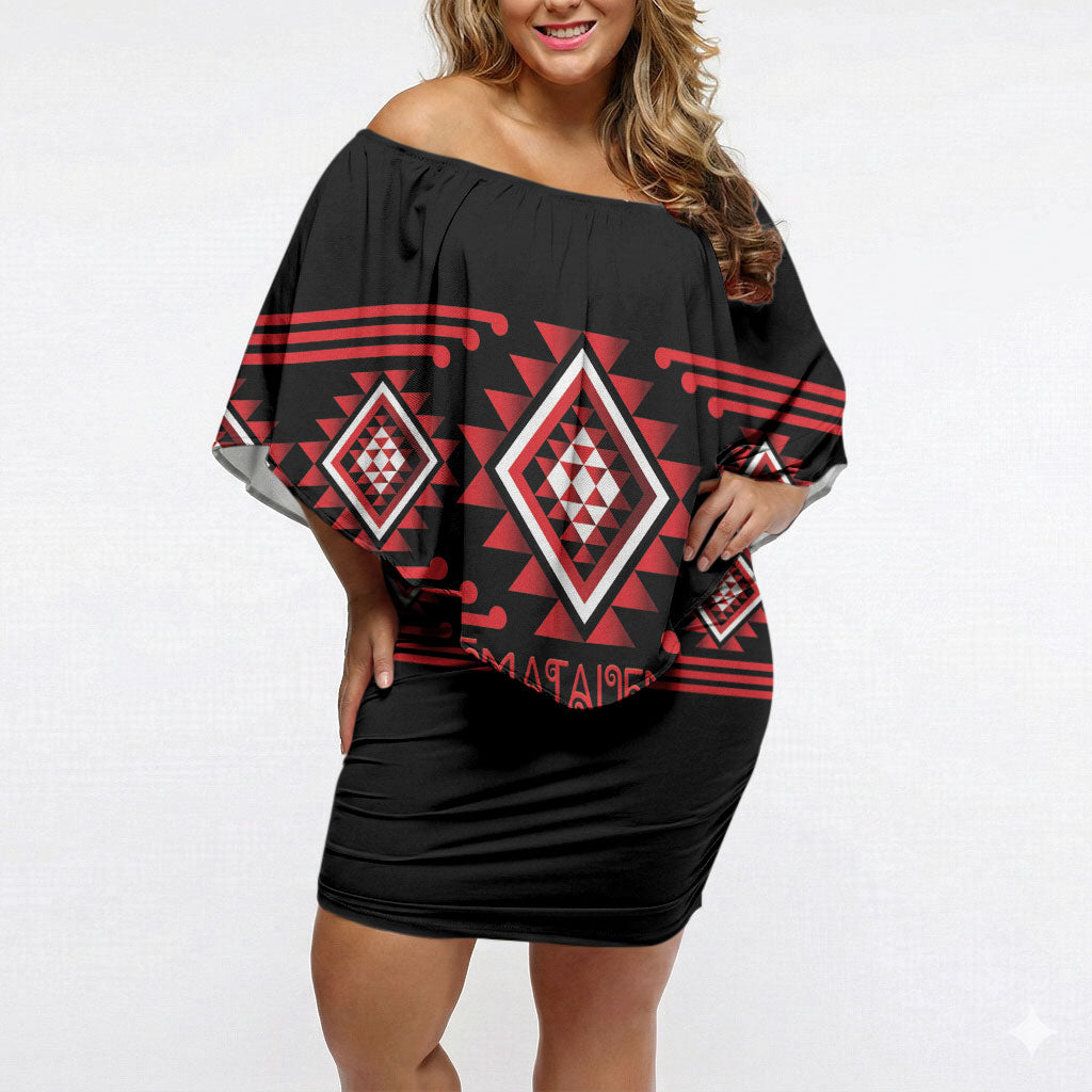 Aotearoa Atua Tumatauenga Personalised Off Shoulder Short Dress Maori God Of War Taniko Motifs LT14 Women Red - Polynesian Pride