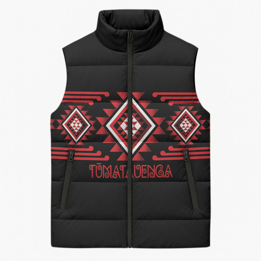 Aotearoa Atua Tumatauenga Personalised Sleeveless Puffer Jacket Maori God Of War Taniko Motifs LT14 Unisex Red - Polynesian Pride