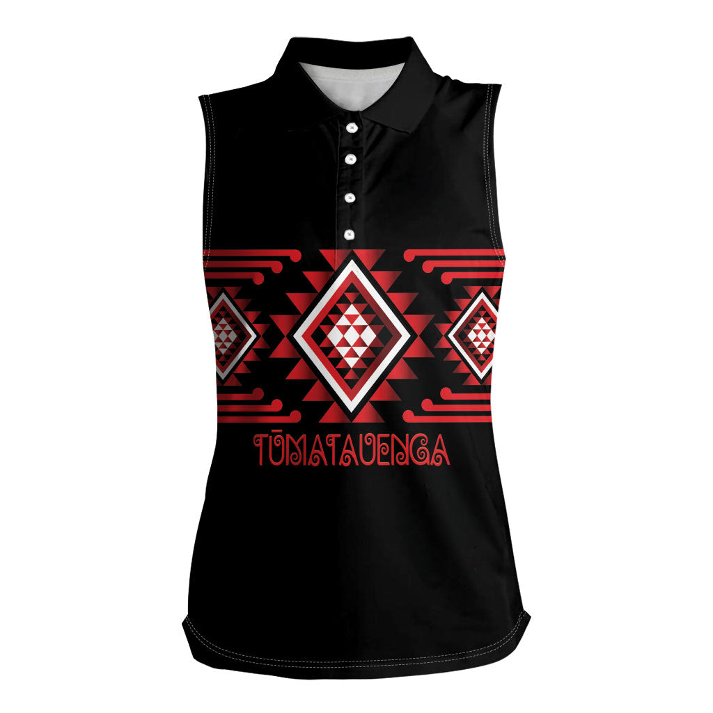Aotearoa Atua Tumatauenga Personalised Women Sleeveless Polo Shirt Maori God Of War Taniko Motifs LT14 Female Red - Polynesian Pride