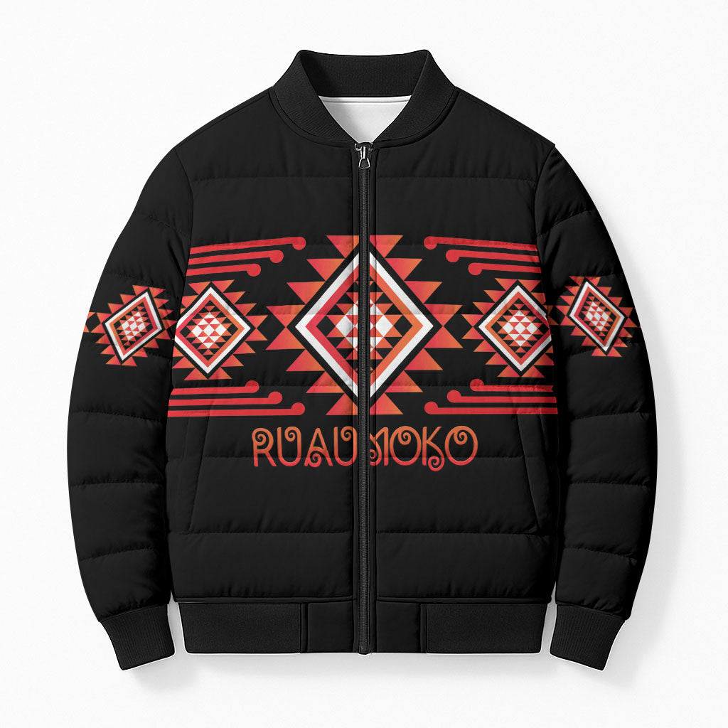 Aotearoa Atua Ruaumoko Personalised Bomber Puffer Jacket Maori Powerful God Taniko Motifs LT14 Unisex Orange - Polynesian Pride