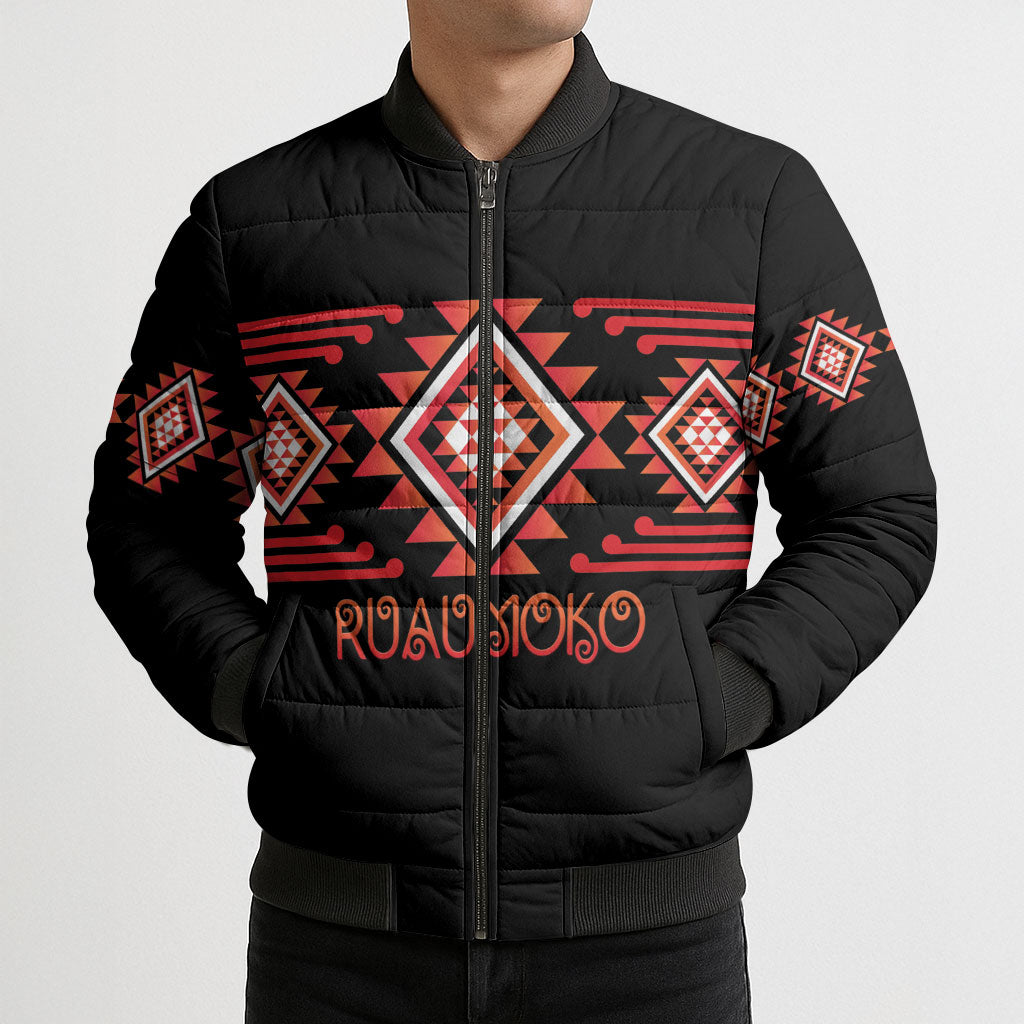 Aotearoa Atua Ruaumoko Personalised Bomber Puffer Jacket Maori Powerful God Taniko Motifs LT14 - Polynesian Pride