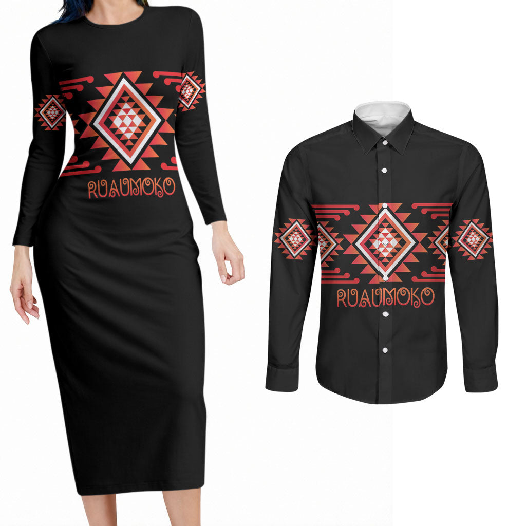 Aotearoa Atua Ruaumoko Personalised Couples Matching Long Sleeve Bodycon Dress and Long Sleeve Button Shirt Maori Powerful God Taniko Motifs LT14 Orange - Polynesian Pride