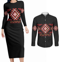 Aotearoa Atua Ruaumoko Personalised Couples Matching Long Sleeve Bodycon Dress and Long Sleeve Button Shirt Maori Powerful God Taniko Motifs LT14 Orange - Polynesian Pride