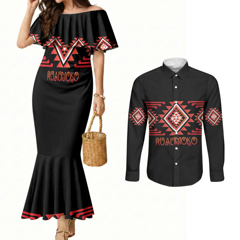 Aotearoa Atua Ruaumoko Personalised Couples Matching Mermaid Dress and Long Sleeve Button Shirt Maori Powerful God Taniko Motifs LT14 Orange - Polynesian Pride