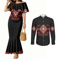 Aotearoa Atua Ruaumoko Personalised Couples Matching Mermaid Dress and Long Sleeve Button Shirt Maori Powerful God Taniko Motifs LT14 Orange - Polynesian Pride