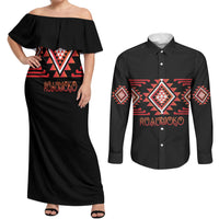 Aotearoa Atua Ruaumoko Personalised Couples Matching Off Shoulder Maxi Dress and Long Sleeve Button Shirt Maori Powerful God Taniko Motifs LT14 Orange - Polynesian Pride