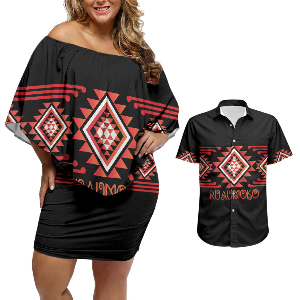 Aotearoa Atua Ruaumoko Personalised Couples Matching Off Shoulder Short Dress and Hawaiian Shirt Maori Powerful God Taniko Motifs LT14 Orange - Polynesian Pride