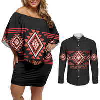 Aotearoa Atua Ruaumoko Personalised Couples Matching Off Shoulder Short Dress and Long Sleeve Button Shirt Maori Powerful God Taniko Motifs LT14 Orange - Polynesian Pride
