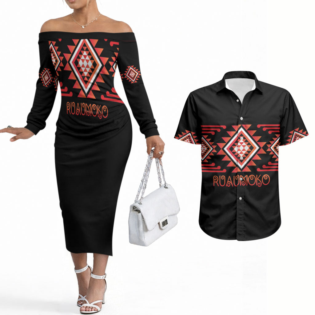 Aotearoa Atua Ruaumoko Personalised Couples Matching Off The Shoulder Long Sleeve Dress and Hawaiian Shirt Maori Powerful God Taniko Motifs LT14 Orange - Polynesian Pride