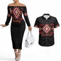 Aotearoa Atua Ruaumoko Personalised Couples Matching Off The Shoulder Long Sleeve Dress and Hawaiian Shirt Maori Powerful God Taniko Motifs LT14 Orange - Polynesian Pride