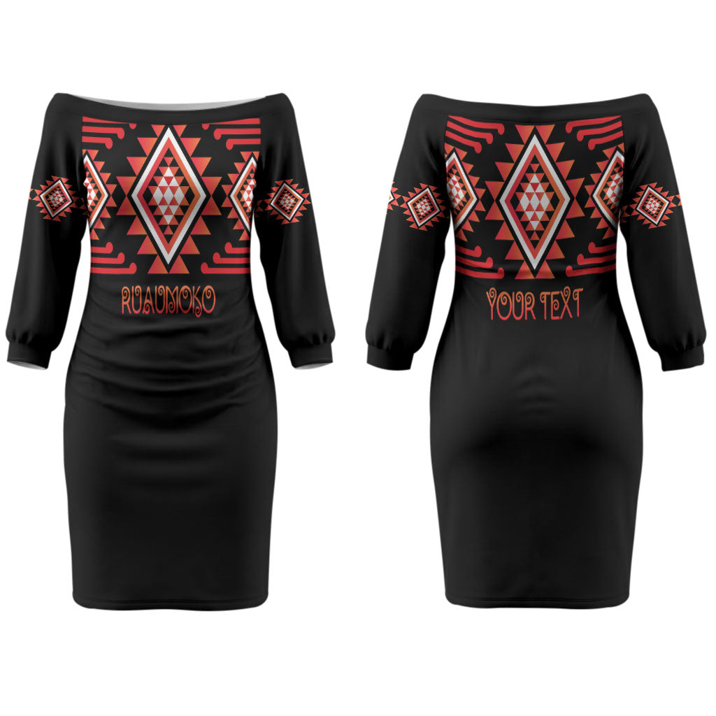 Aotearoa Atua Ruaumoko Personalised Couples Matching Off The Shoulder Long Sleeve Dress and Hawaiian Shirt Maori Powerful God Taniko Motifs LT14 - Polynesian Pride