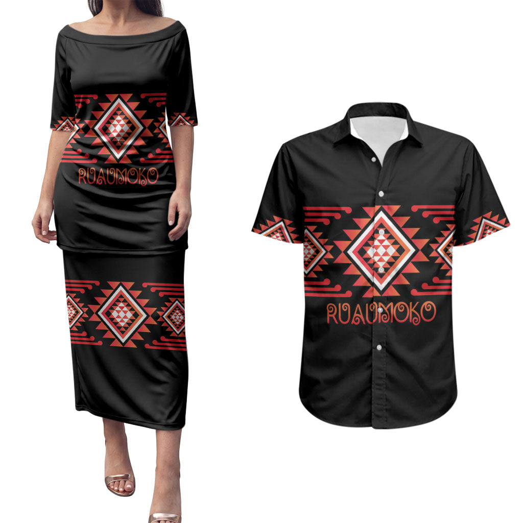 Aotearoa Atua Ruaumoko Personalised Couples Matching Puletasi and Hawaiian Shirt Maori Powerful God Taniko Motifs LT14 Orange - Polynesian Pride