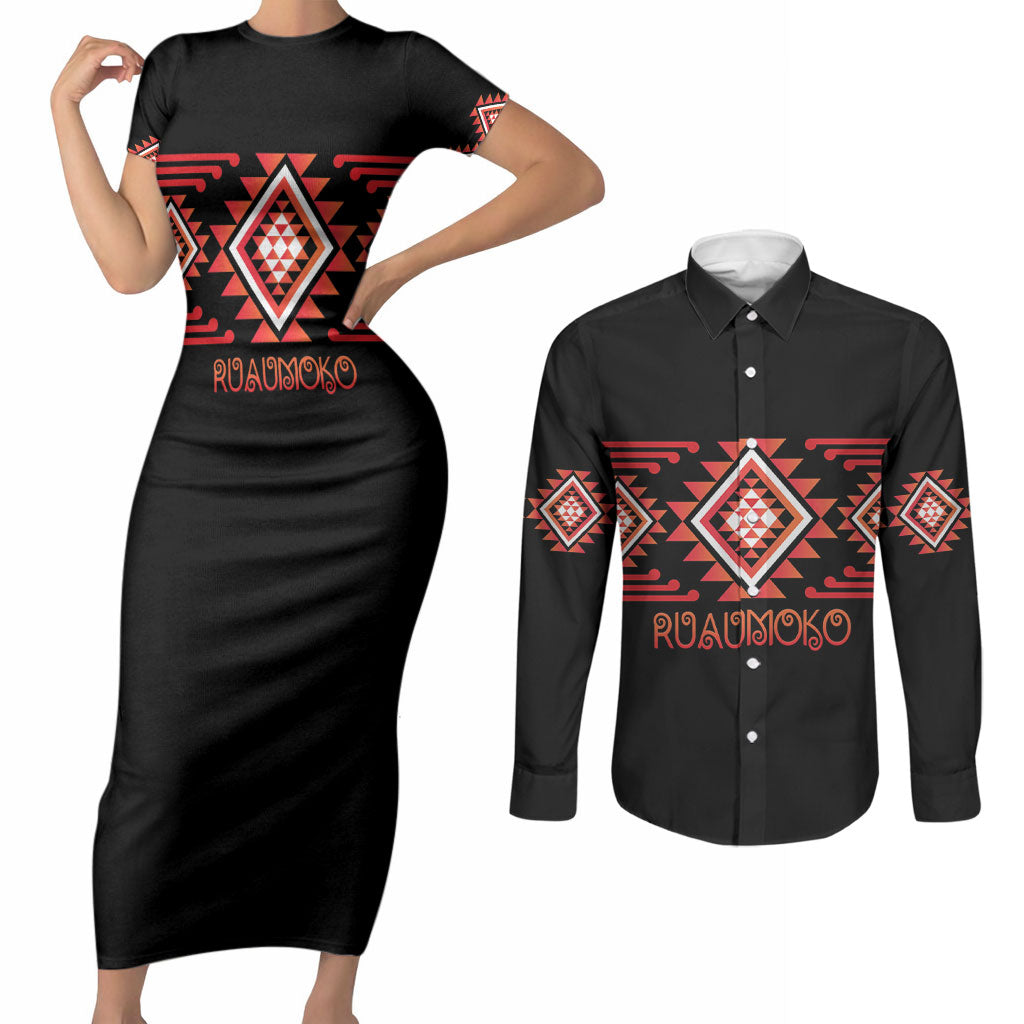 Aotearoa Atua Ruaumoko Personalised Couples Matching Short Sleeve Bodycon Dress and Long Sleeve Button Shirt Maori Powerful God Taniko Motifs LT14 Orange - Polynesian Pride