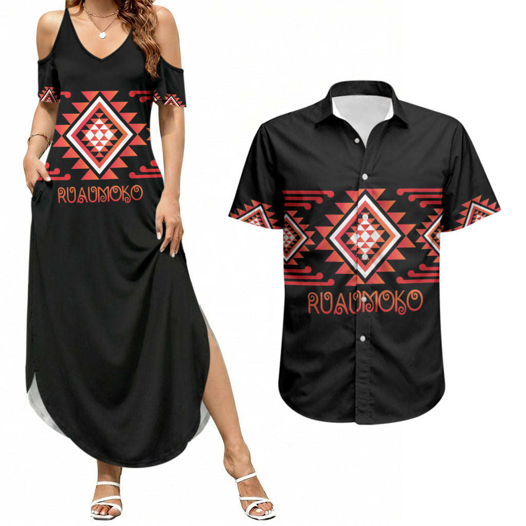 Aotearoa Atua Ruaumoko Personalised Couples Matching Summer Maxi Dress and Hawaiian Shirt Maori Powerful God Taniko Motifs LT14 Orange - Polynesian Pride