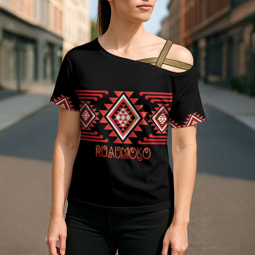 Aotearoa Atua Ruaumoko Personalised Cross Shoulder Shirt Maori Powerful God Taniko Motifs LT14 - Polynesian Pride