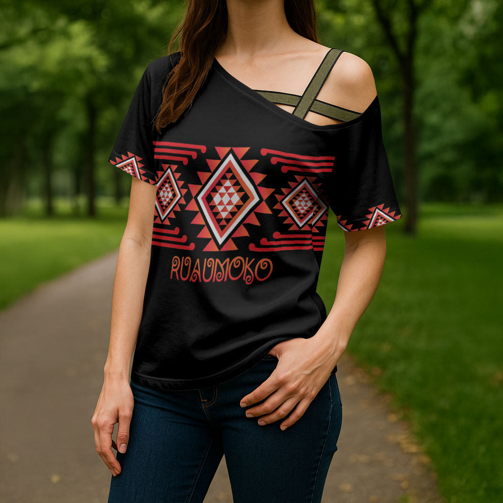 Aotearoa Atua Ruaumoko Personalised Cross Shoulder Shirt Maori Powerful God Taniko Motifs LT14 - Polynesian Pride