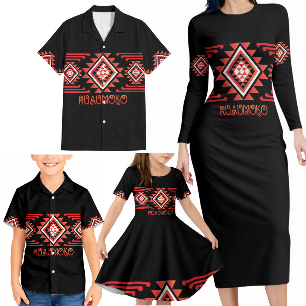 Aotearoa Atua Ruaumoko Personalised Family Matching Long Sleeve Bodycon Dress and Hawaiian Shirt Maori Powerful God Taniko Motifs LT14 - Polynesian Pride