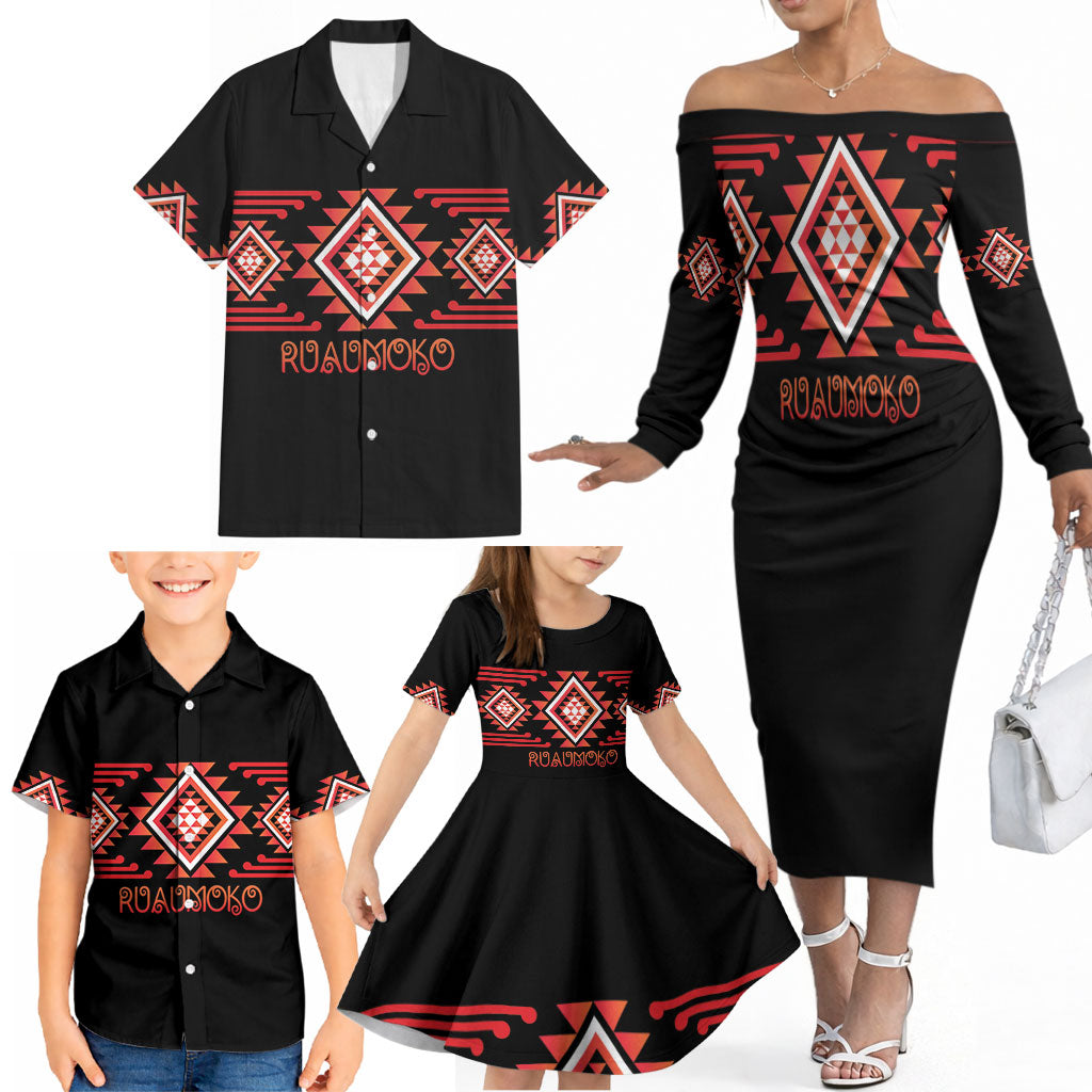 Aotearoa Atua Ruaumoko Personalised Family Matching Off The Shoulder Long Sleeve Dress and Hawaiian Shirt Maori Powerful God Taniko Motifs LT14 - Polynesian Pride