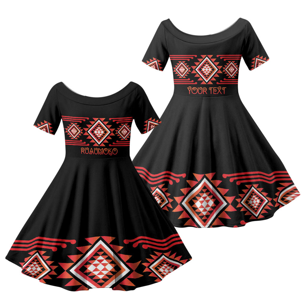 Aotearoa Atua Ruaumoko Personalised Family Matching Off The Shoulder Long Sleeve Dress and Hawaiian Shirt Maori Powerful God Taniko Motifs LT14 Daughter's Dress Orange - Polynesian Pride