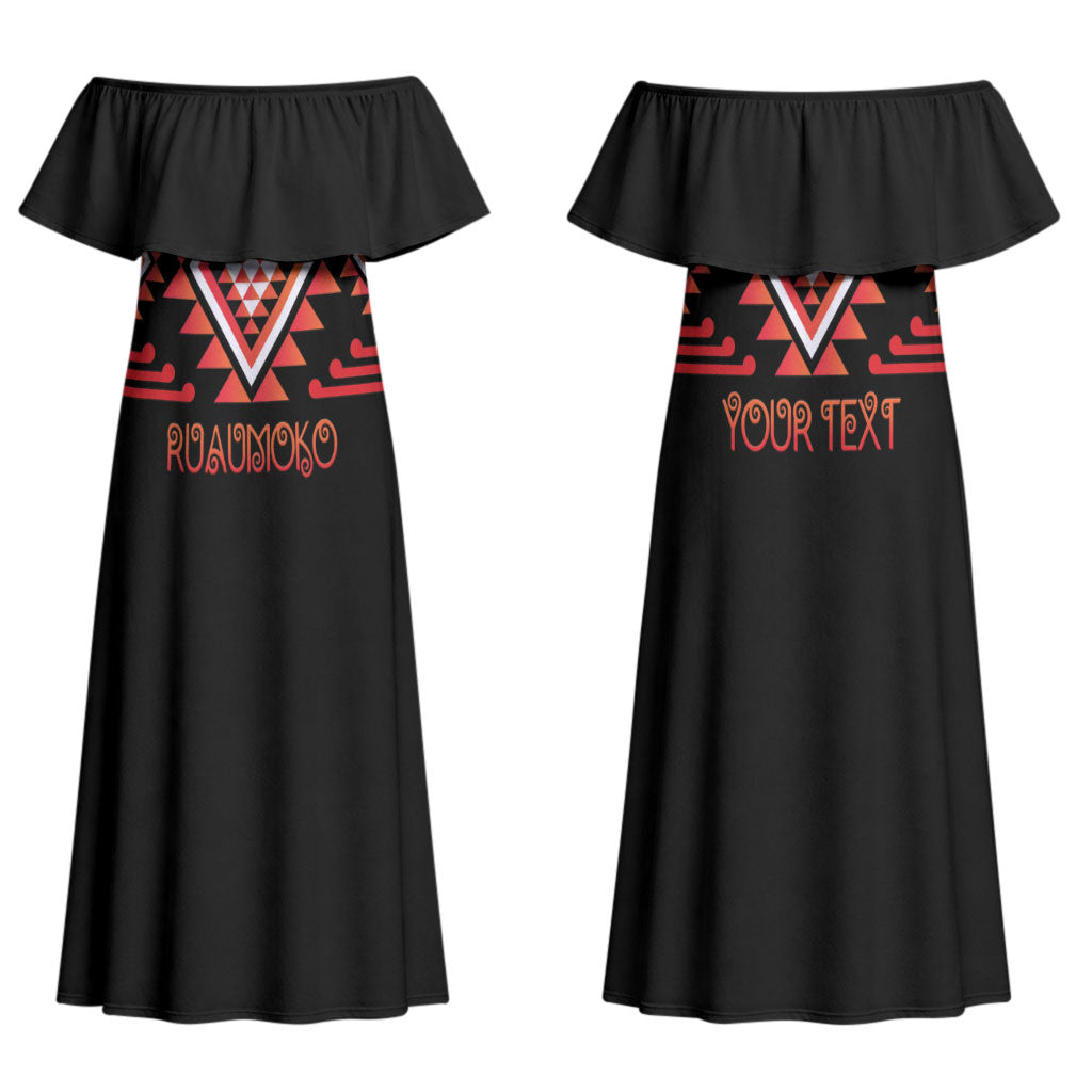 Aotearoa Atua Ruaumoko Personalised Family Matching Off Shoulder Maxi Dress and Hawaiian Shirt Maori Powerful God Taniko Motifs LT14 Mom's Dress Orange - Polynesian Pride