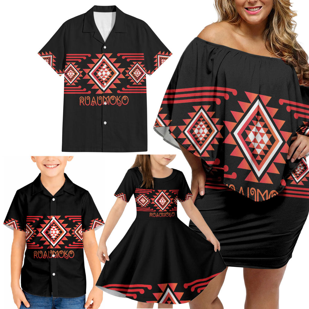 Aotearoa Atua Ruaumoko Personalised Family Matching Off Shoulder Short Dress and Hawaiian Shirt Maori Powerful God Taniko Motifs LT14 - Polynesian Pride