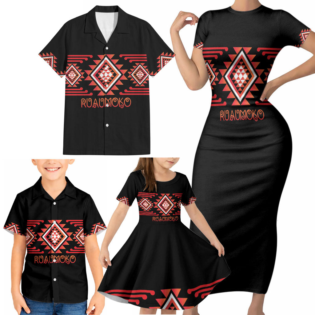 Aotearoa Atua Ruaumoko Personalised Family Matching Short Sleeve Bodycon Dress and Hawaiian Shirt Maori Powerful God Taniko Motifs LT14 - Polynesian Pride