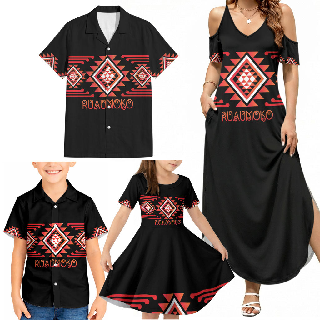 Aotearoa Atua Ruaumoko Personalised Family Matching Summer Maxi Dress and Hawaiian Shirt Maori Powerful God Taniko Motifs LT14 - Polynesian Pride