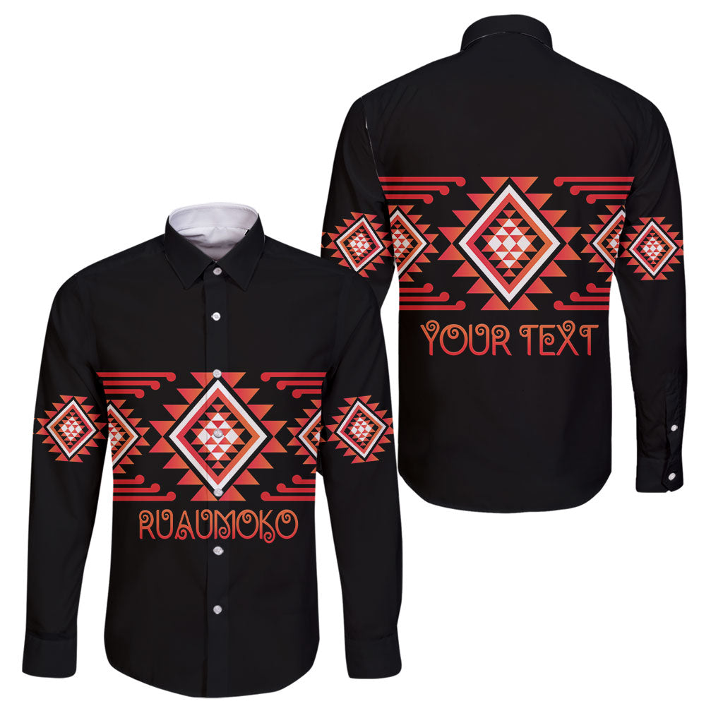 Aotearoa Atua Ruaumoko Personalised Family Matching Tank Maxi Dress and Hawaiian Shirt Maori Powerful God Taniko Motifs LT14 Dad's Shirt - Long Sleeve Orange - Polynesian Pride
