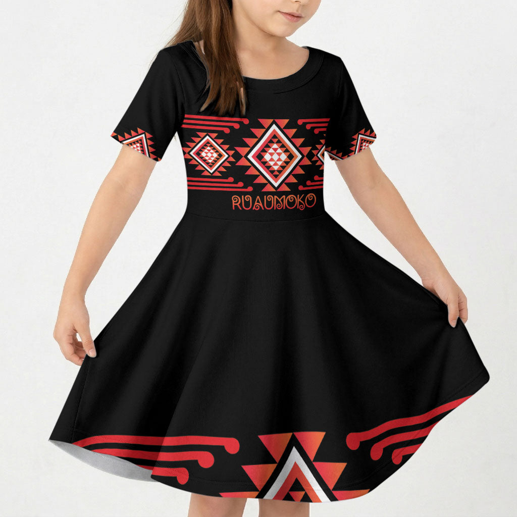 Aotearoa Atua Ruaumoko Personalised Kid Short Sleeve Dress Maori Powerful God Taniko Motifs LT14 KID Orange - Polynesian Pride