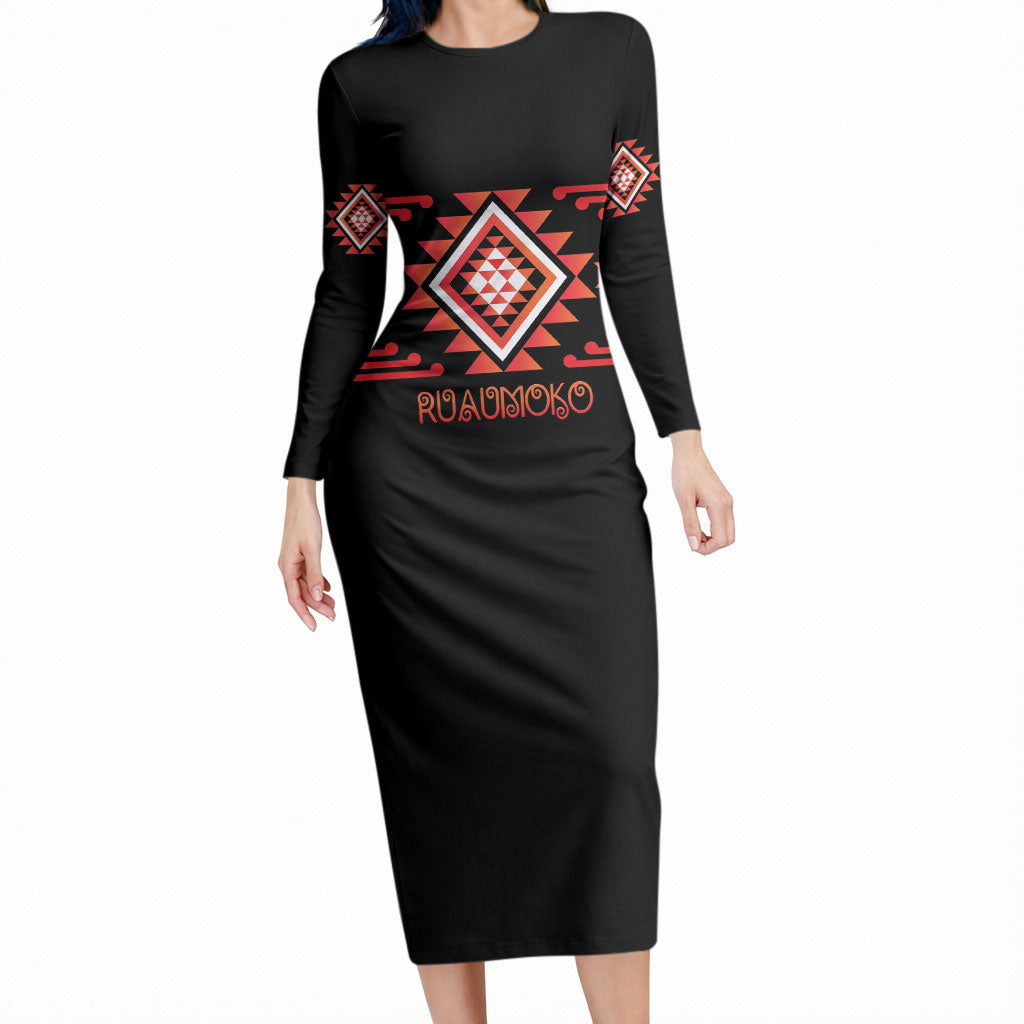 Aotearoa Atua Ruaumoko Personalised Long Sleeve Bodycon Dress Maori Powerful God Taniko Motifs LT14 Long Dress Orange - Polynesian Pride
