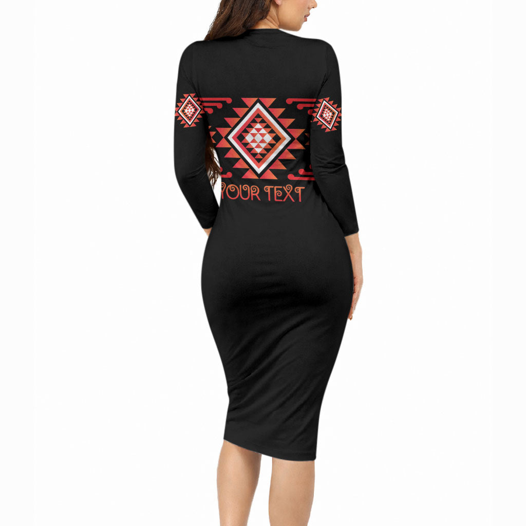 Aotearoa Atua Ruaumoko Personalised Long Sleeve Bodycon Dress Maori Powerful God Taniko Motifs LT14 - Polynesian Pride