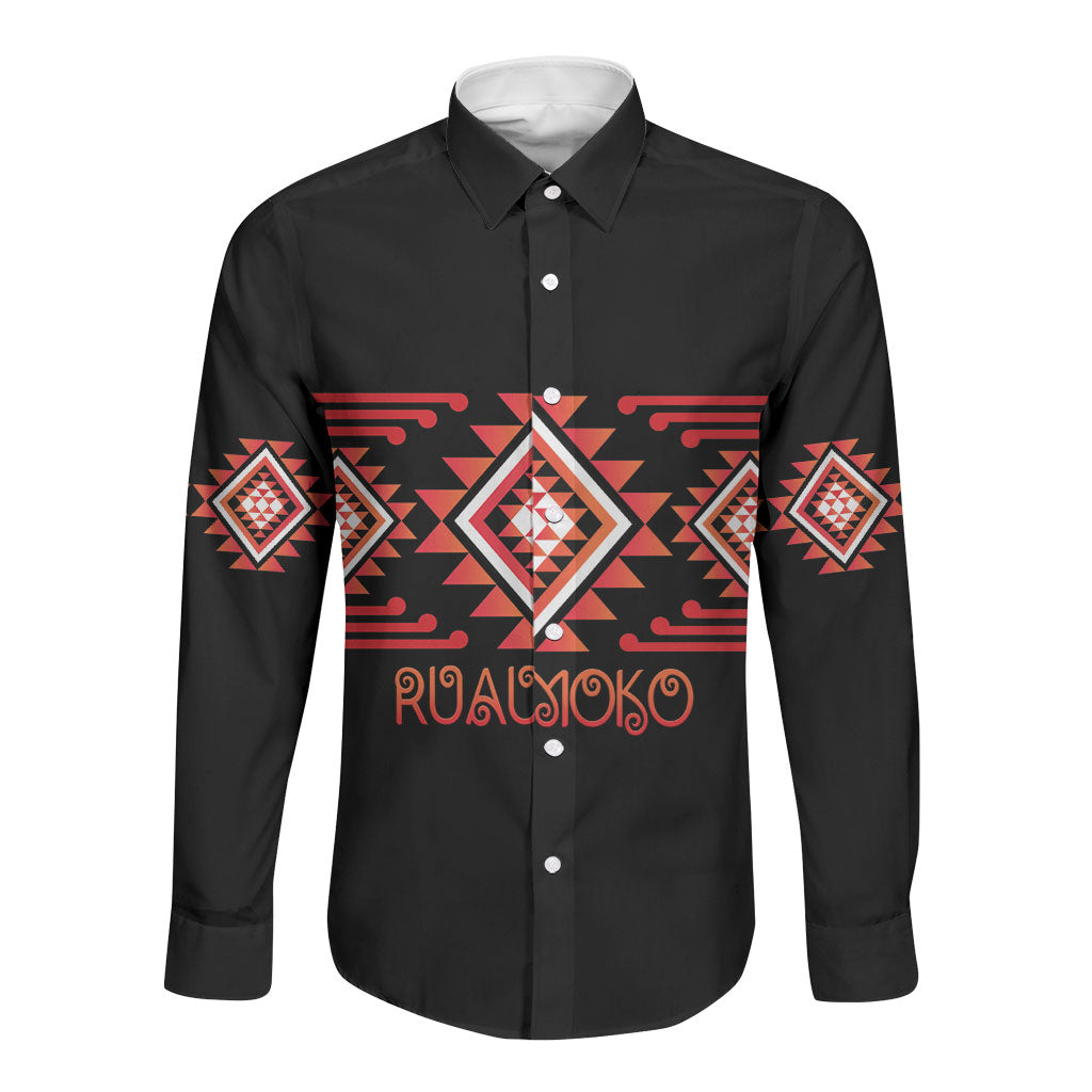 Aotearoa Atua Ruaumoko Personalised Long Sleeve Button Shirt Maori Powerful God Taniko Motifs LT14 Unisex Orange - Polynesian Pride