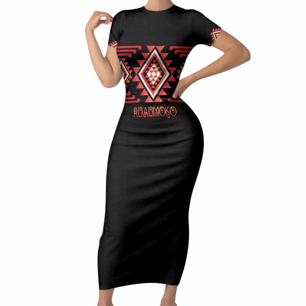 Aotearoa Atua Ruaumoko Personalised Short Sleeve Bodycon Dress Maori Powerful God Taniko Motifs LT14 Long Dress Orange - Polynesian Pride