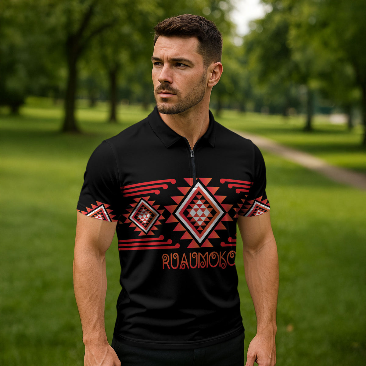 Aotearoa Atua Ruaumoko Personalised Zipper Polo Shirt Maori Powerful God Taniko Motifs LT14 - Polynesian Pride