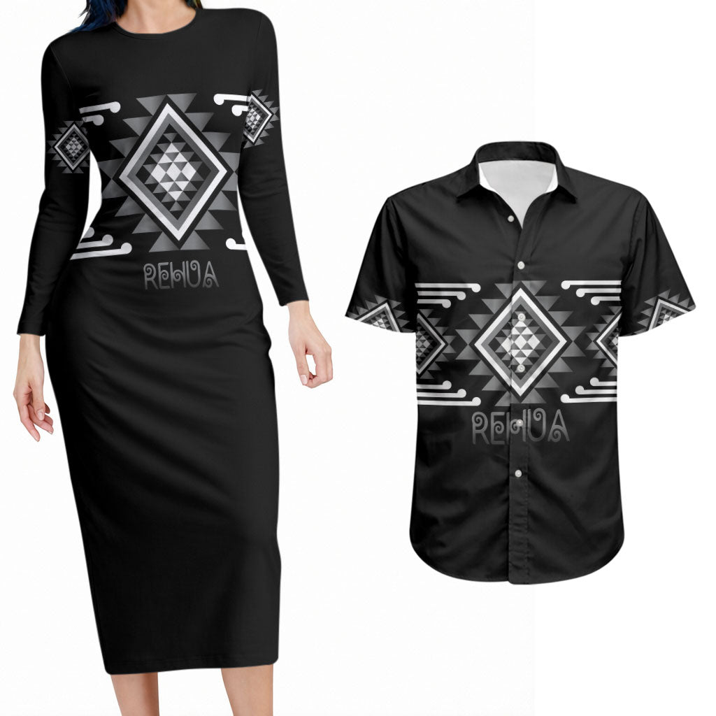 Aotearoa Atua Rehua Personalised Couples Matching Long Sleeve Bodycon Dress and Hawaiian Shirt Maori God Of Healing Taniko Motifs LT14 Grey - Polynesian Pride