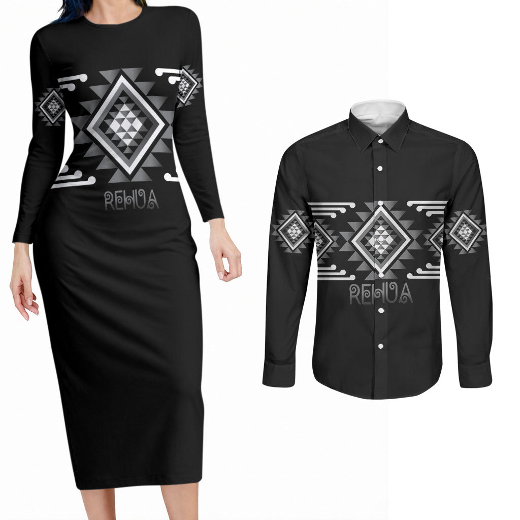Aotearoa Atua Rehua Personalised Couples Matching Long Sleeve Bodycon Dress and Long Sleeve Button Shirt Maori God Of Healing Taniko Motifs LT14 Grey - Polynesian Pride
