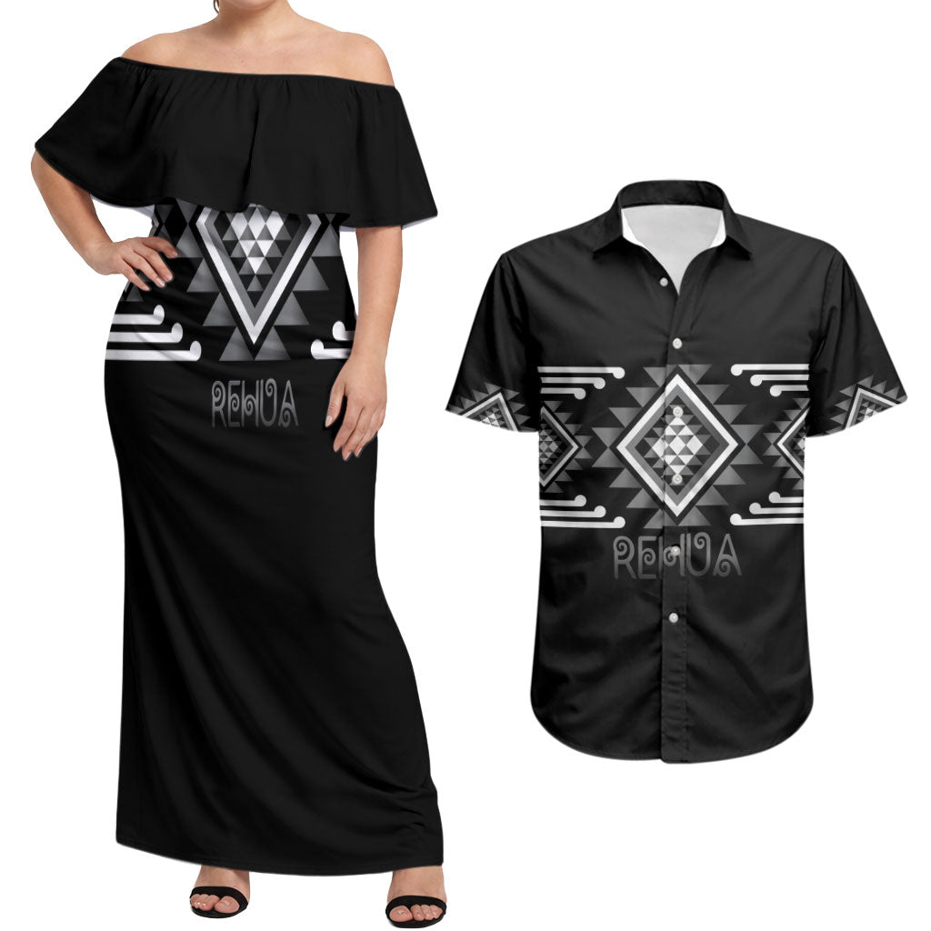Aotearoa Atua Rehua Personalised Couples Matching Off Shoulder Maxi Dress and Hawaiian Shirt Maori God Of Healing Taniko Motifs LT14 Grey - Polynesian Pride