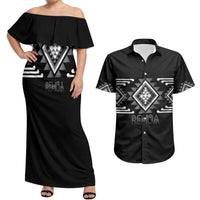 Aotearoa Atua Rehua Personalised Couples Matching Off Shoulder Maxi Dress and Hawaiian Shirt Maori God Of Healing Taniko Motifs LT14 Grey - Polynesian Pride