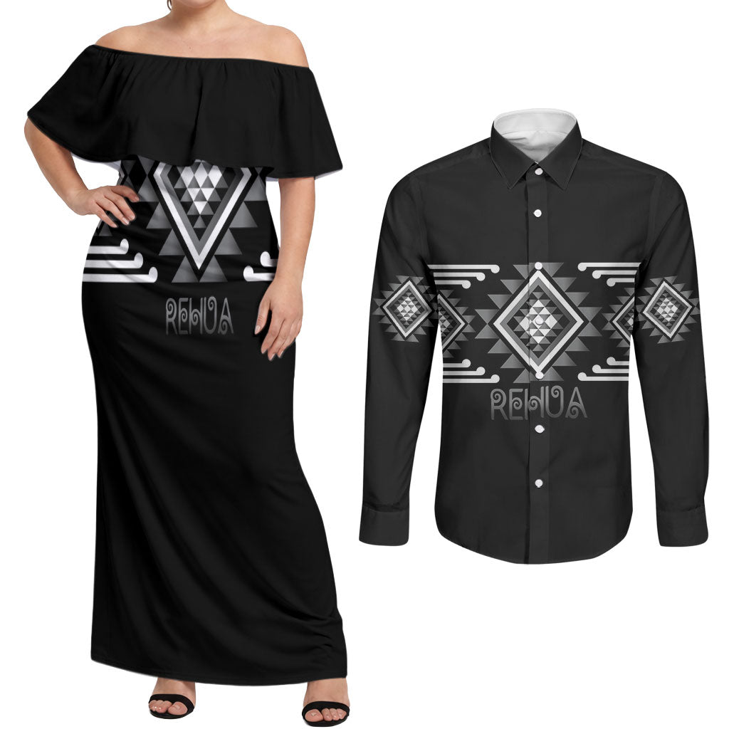 Aotearoa Atua Rehua Personalised Couples Matching Off Shoulder Maxi Dress and Long Sleeve Button Shirt Maori God Of Healing Taniko Motifs LT14 Grey - Polynesian Pride