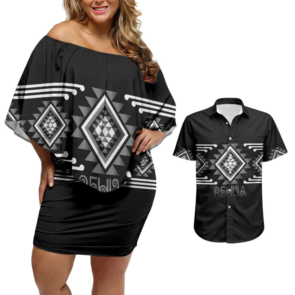 Aotearoa Atua Rehua Personalised Couples Matching Off Shoulder Short Dress and Hawaiian Shirt Maori God Of Healing Taniko Motifs LT14 Grey - Polynesian Pride