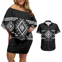 Aotearoa Atua Rehua Personalised Couples Matching Off Shoulder Short Dress and Hawaiian Shirt Maori God Of Healing Taniko Motifs LT14 Grey - Polynesian Pride