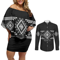 Aotearoa Atua Rehua Personalised Couples Matching Off Shoulder Short Dress and Long Sleeve Button Shirt Maori God Of Healing Taniko Motifs LT14 Grey - Polynesian Pride