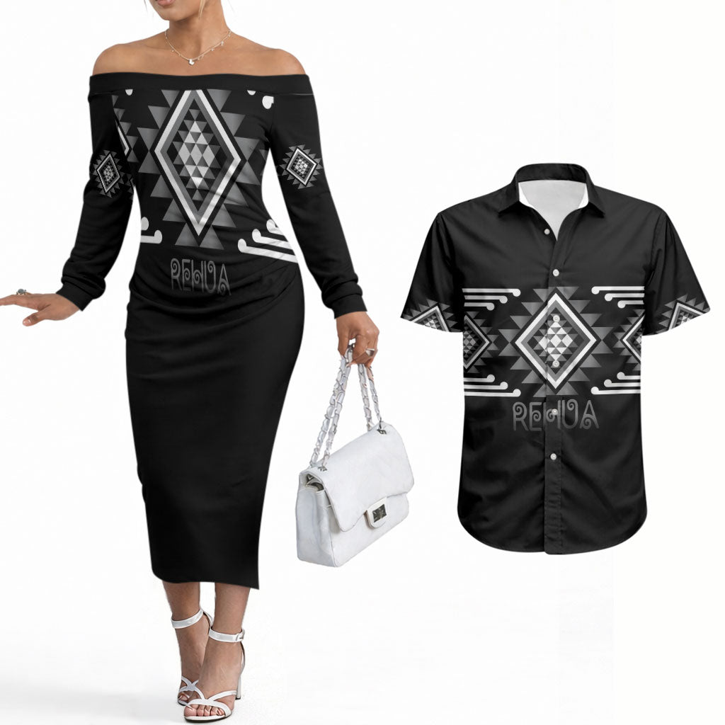 Aotearoa Atua Rehua Personalised Couples Matching Off The Shoulder Long Sleeve Dress and Hawaiian Shirt Maori God Of Healing Taniko Motifs LT14 Grey - Polynesian Pride